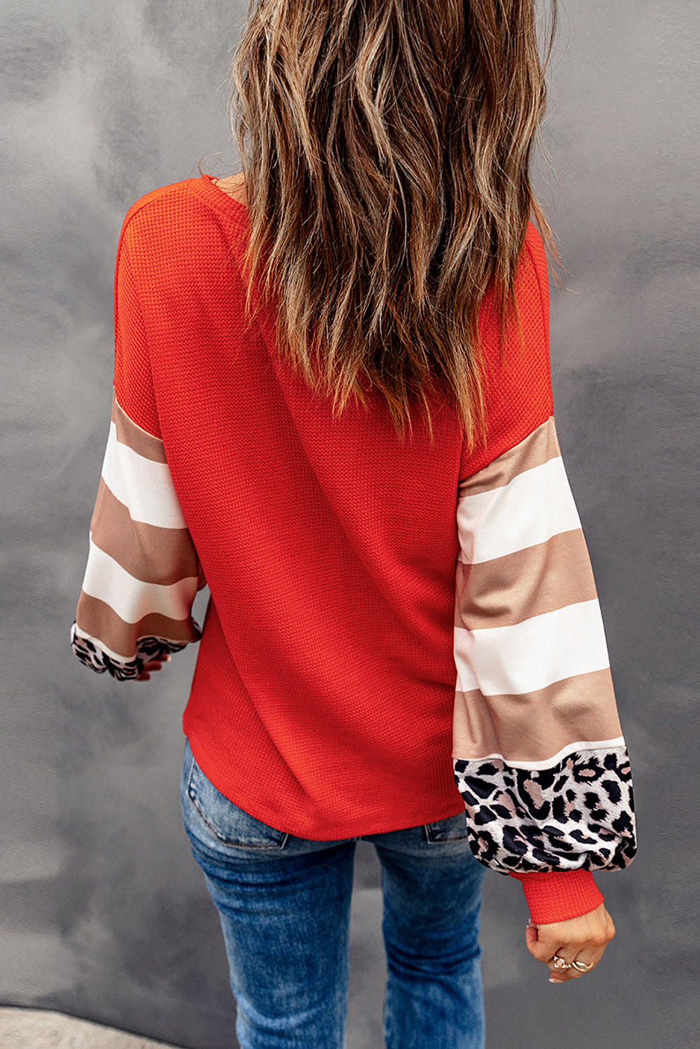 Orange V Neck Leopard Stripe Splice Lantern Sleeve Top Long Sleeve Tops JT's Designer Fashion
