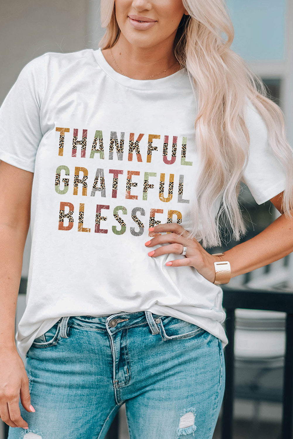 White Leopard Patchwork Thankful Grateful Blessed Graphic T Shirt Graphic Tees JT's Designer Fashion