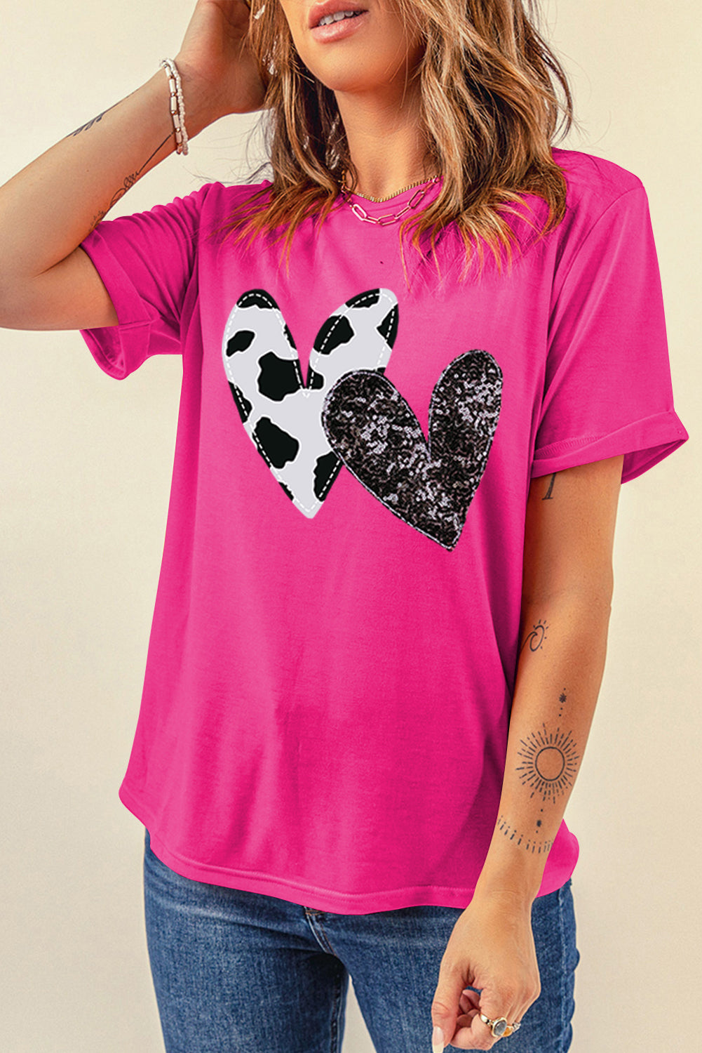Rose Red Sequined Double Heart Graphic Crewneck T Shirt Graphic Tees JT's Designer Fashion
