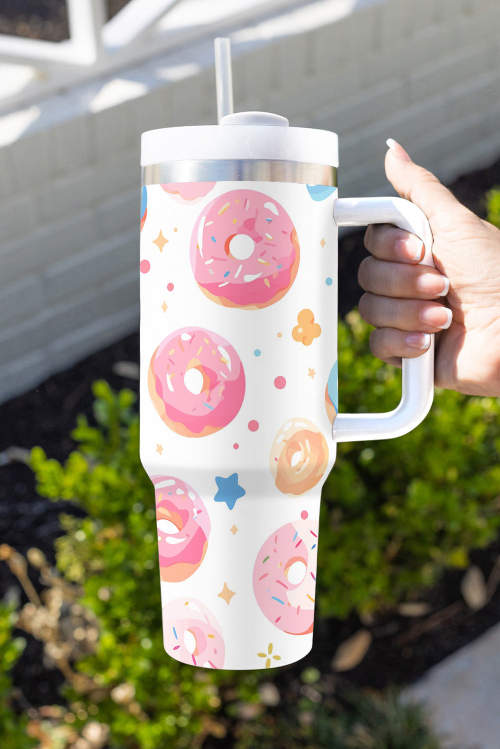 White Doughnut Pattern Stainless Vacuum Cup with Handle 40oz Tumblers JT's Designer Fashion