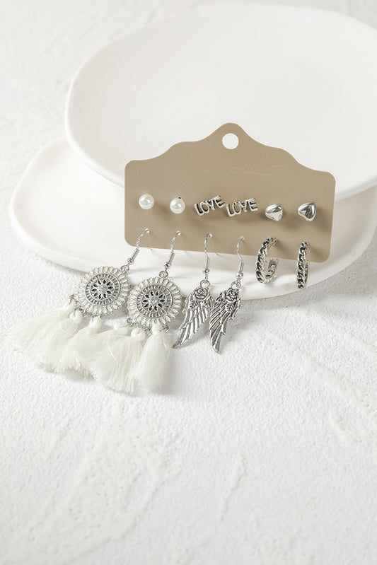 White 6pcs Set Boho Inspired Tassel Pearl Earrings Jewelry JT's Designer Fashion