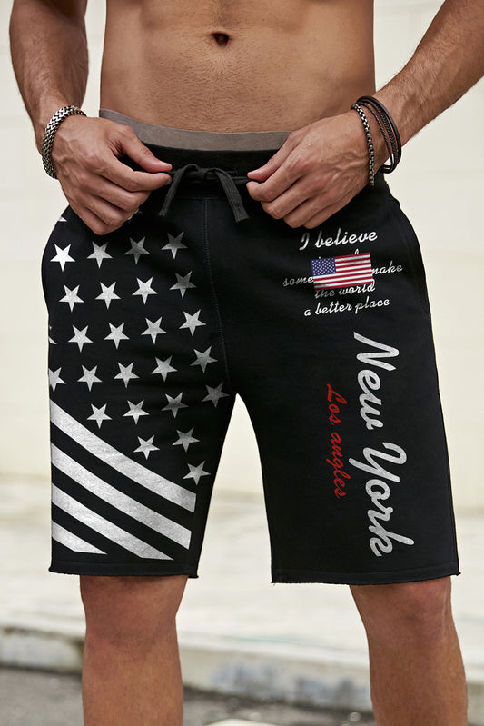 Black American Flag Letter Graphic Print Drawstring Men's Casual Shorts Black 55%Viscose+45%Polyester Men's Pants JT's Designer Fashion