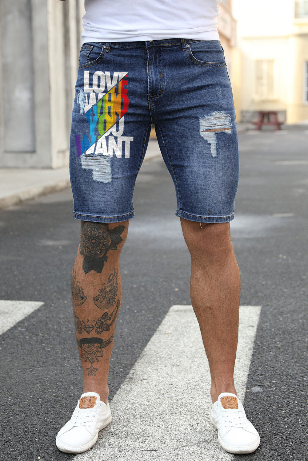 Blue Love Who You Want Print Men's Ripped Short Jeans Men's Pants JT's Designer Fashion