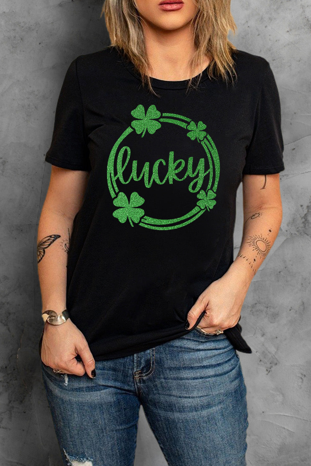 Black St Patrick Sequin Lucky Clover Print Short Sleeve T-shirt Black Graphic Tees JT's Designer Fashion