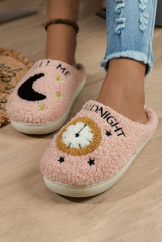 Light Pink Moon & Clock Pattern Fuzzy Home Slippers Slippers JT's Designer Fashion