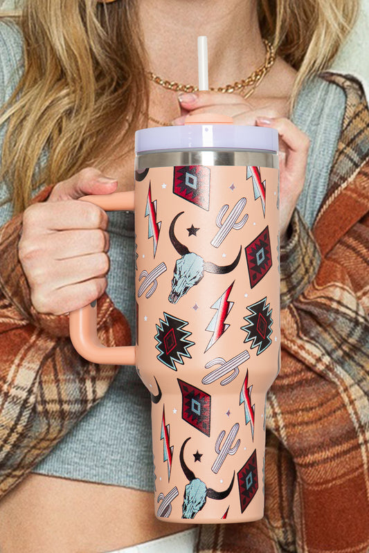 Apricot Pink Western Aztec Steer Head Stainless Tumbler Tumblers JT's Designer Fashion