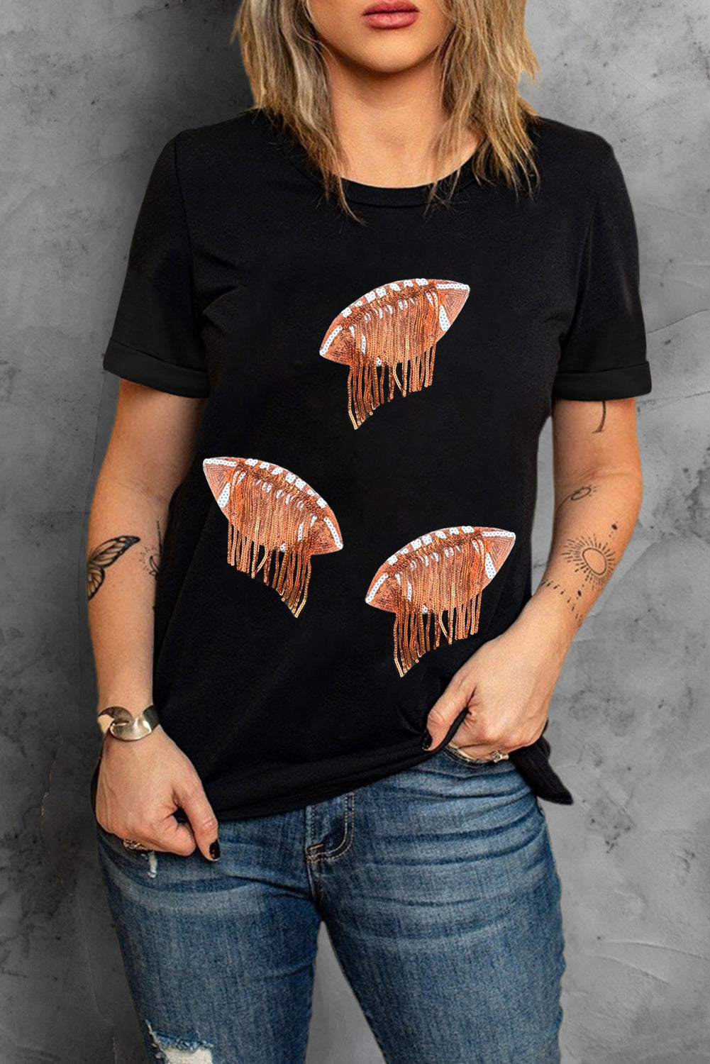 Black Sequin Fringed Rugby Graphic T Shirt Graphic Tees JT's Designer Fashion