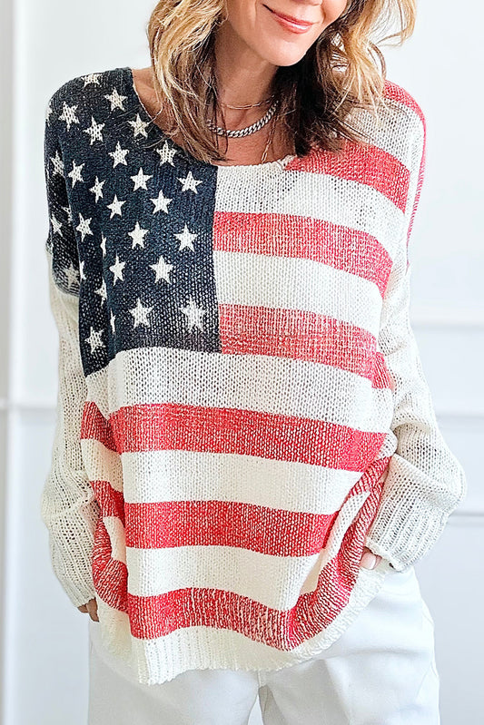 White American Flag Knitted Loose Long Sleeve Sweater Pre Order Sweaters & Cardigans JT's Designer Fashion