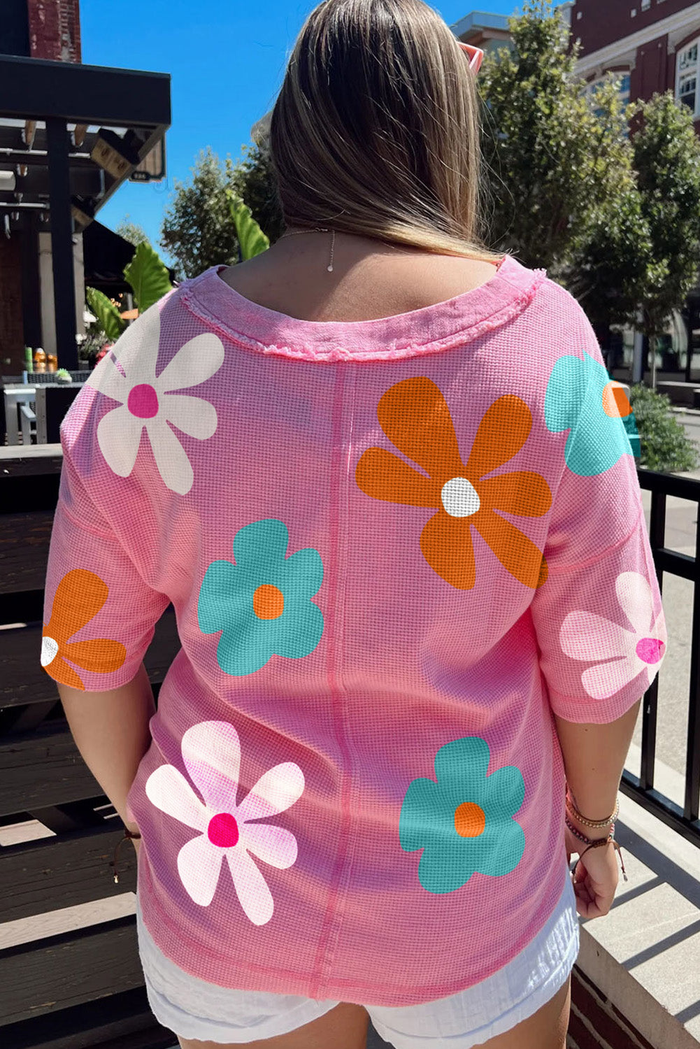 Pink Floral Buttoned V Neck Patched Pocket Knit Plus T Shirt Pre Order Plus Size JT's Designer Fashion