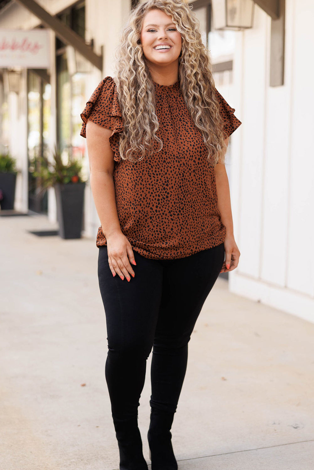 Brown Leopard Print Tiered Ruffled Sleeve Plus Size Blouse Pre Order Plus Size JT's Designer Fashion