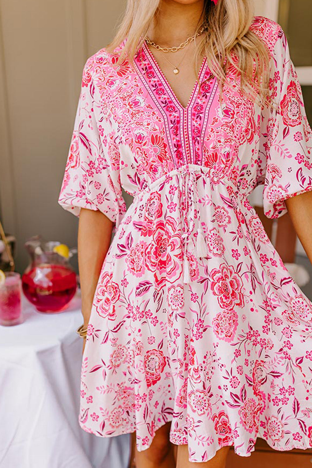Pink Boho Floral V Neck Tie Waist Half Sleeve Mini Dress Pre Order Dresses JT's Designer Fashion