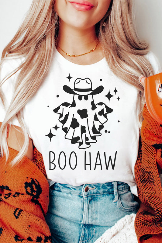White Halloween BOO HAW Graphic Crew Neck Tee Graphic Tees JT's Designer Fashion