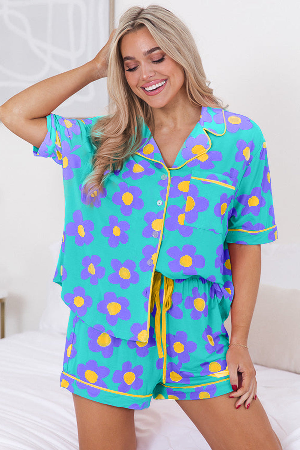 Green Flower Print Short Sleeve Shirt Pajamas Set Pre Order Loungewear JT's Designer Fashion