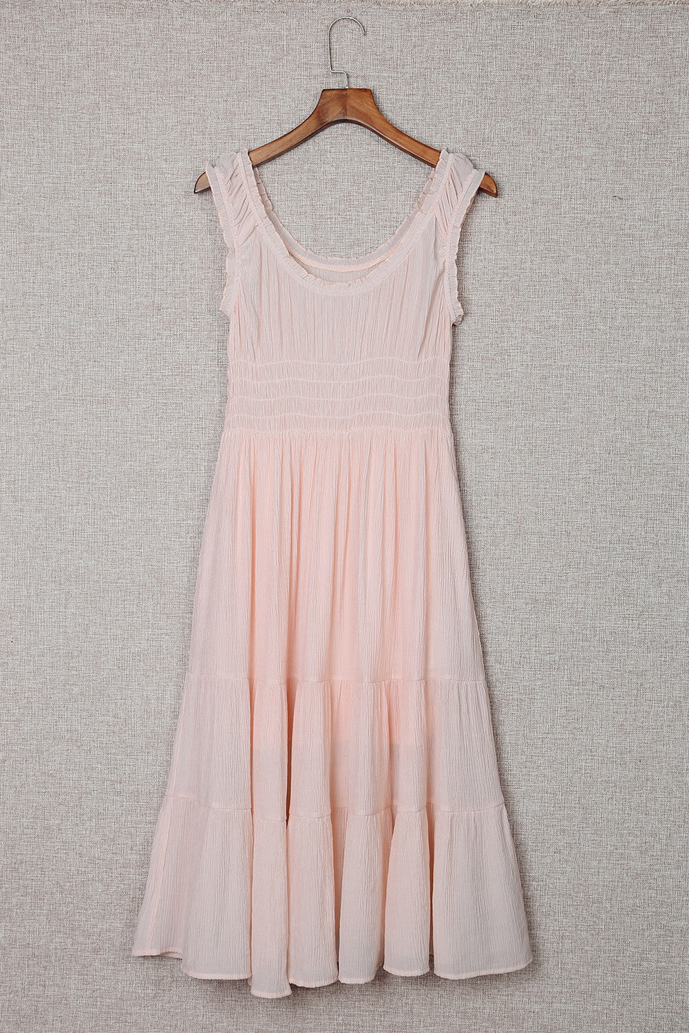 Apricot Smocked Ruched Sleeveless High Waist Midi Dress Midi Dresses JT's Designer Fashion