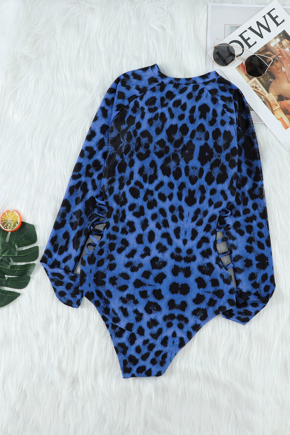 Blue Leopard Print Zipper Cut-out Rash Guard Swimsuit Rash Guards JT's Designer Fashion