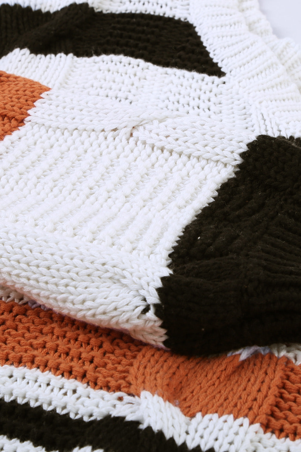Brown Stripe Color Block Bubblegum V-Neck Braided Knit Sweater Sweaters & Cardigans JT's Designer Fashion