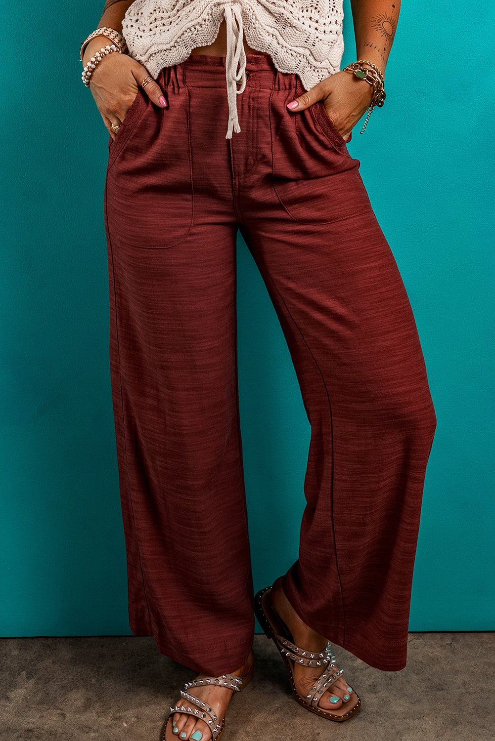 Red Dahlia Elastic Waist Pocketed Casual Straight Leg Pants Pre Order Bottoms JT's Designer Fashion