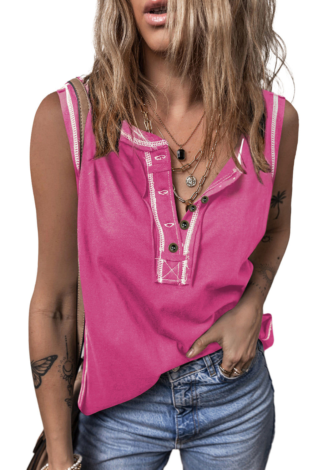 Bright Pink Contrast Stitching Exposed Seam Henley Tank Top Pre Order Tops JT's Designer Fashion