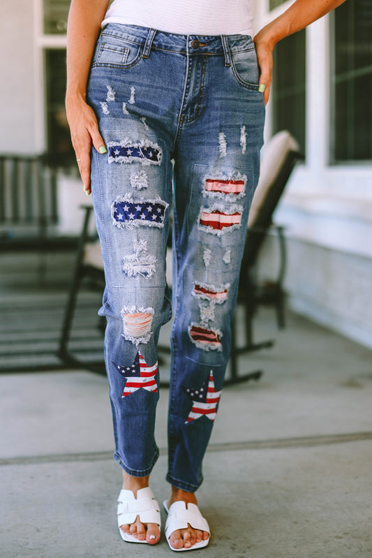 Sky Blue American Flag Patched Distressed Jeans Graphic Pants JT's Designer Fashion