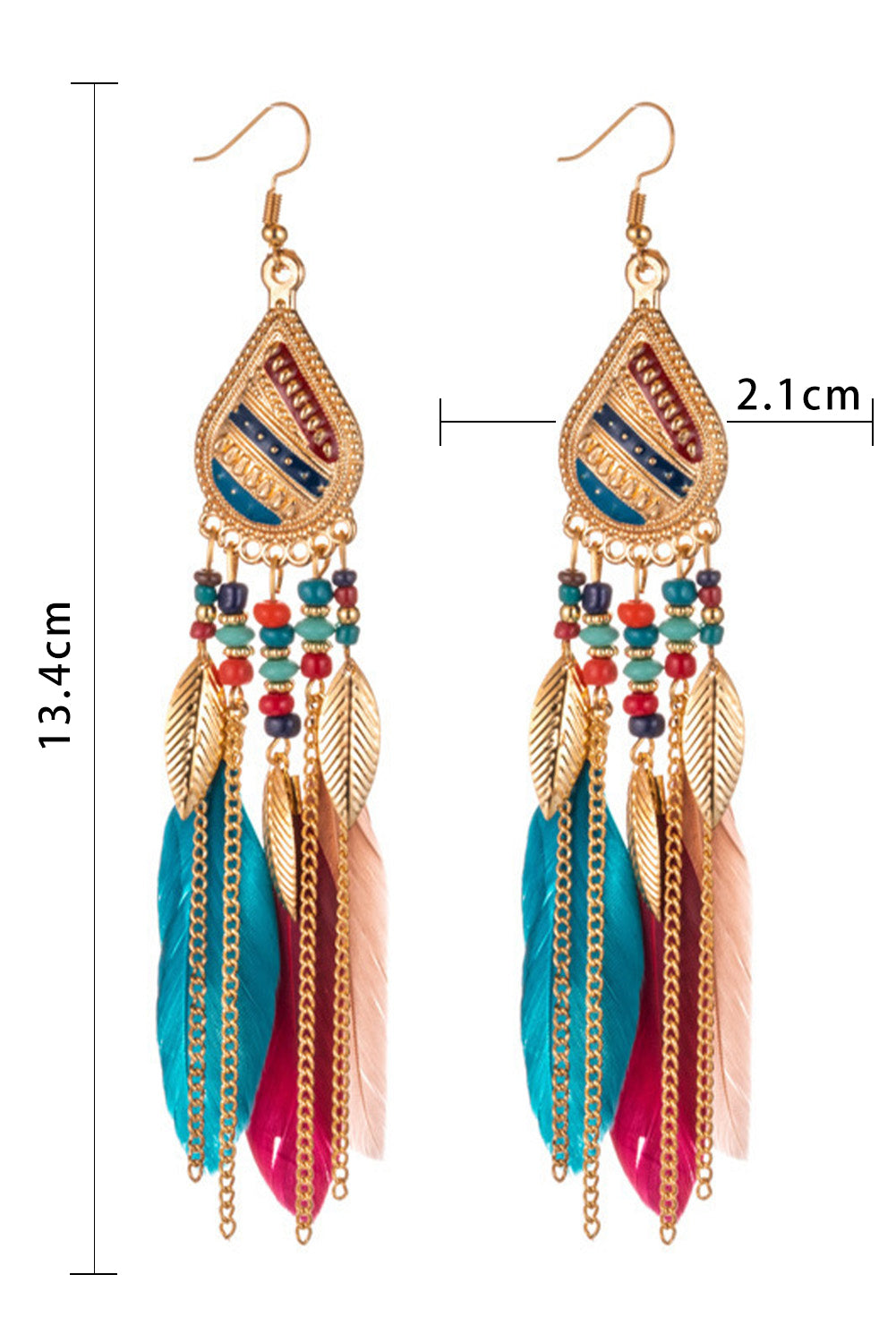 Red Bohemian Feathered Beaded Tassel Hook Earrings Jewelry JT's Designer Fashion