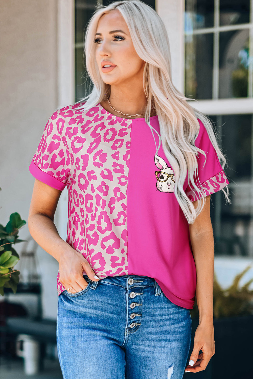 Rose Easter Rabbit Leopard Color Block Crewneck T Shirt Graphic Tees JT's Designer Fashion
