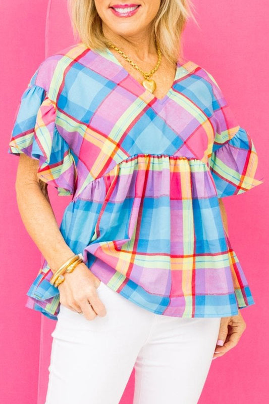 Multicolour Plus Size Plaid Print Ruffled Sleeve Babydoll Blouse Pre Order Plus Size JT's Designer Fashion