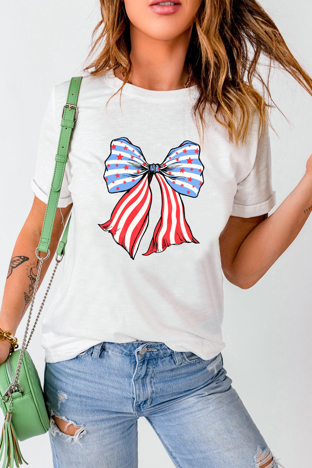White Stripes and Stars Bowknot Print T Shirt Graphic Tees JT's Designer Fashion