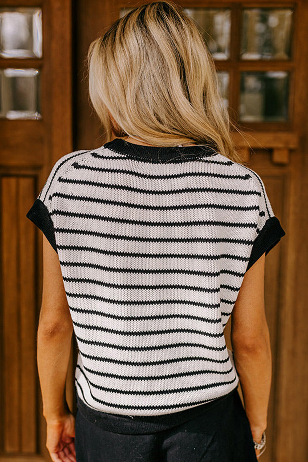 Black Stripe Loose Knit Short Sleeve Sweater Pre Order Sweaters & Cardigans JT's Designer Fashion
