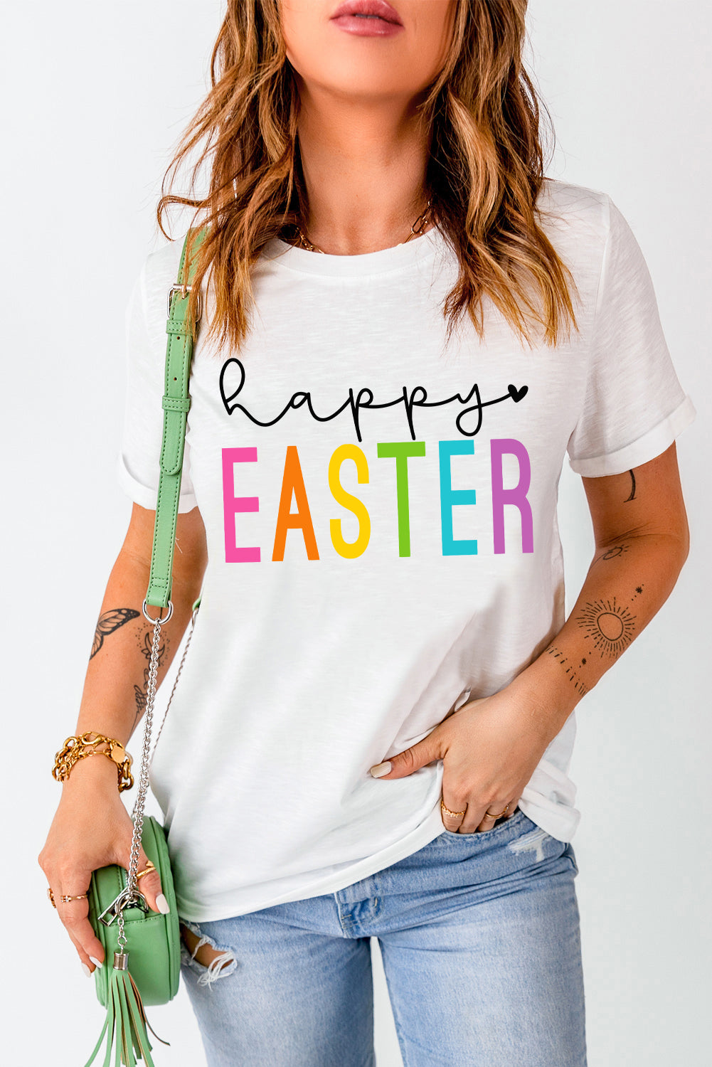White Happy EASTER Round Neck Graphic Tee Graphic Tees JT's Designer Fashion