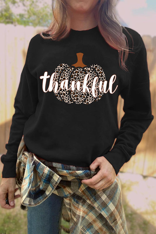 Thankful Leopard Pumpkin Crew Neck Sweatshirt Graphic Sweatshirts JT's Designer Fashion