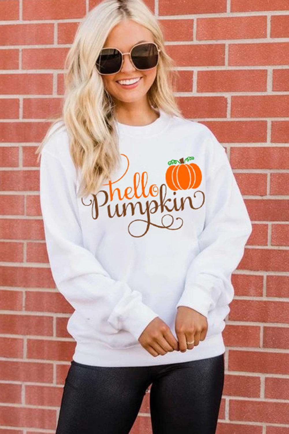 White Hello Pumpkin Cute Graphic Sweatshirt Graphic Sweatshirts JT's Designer Fashion