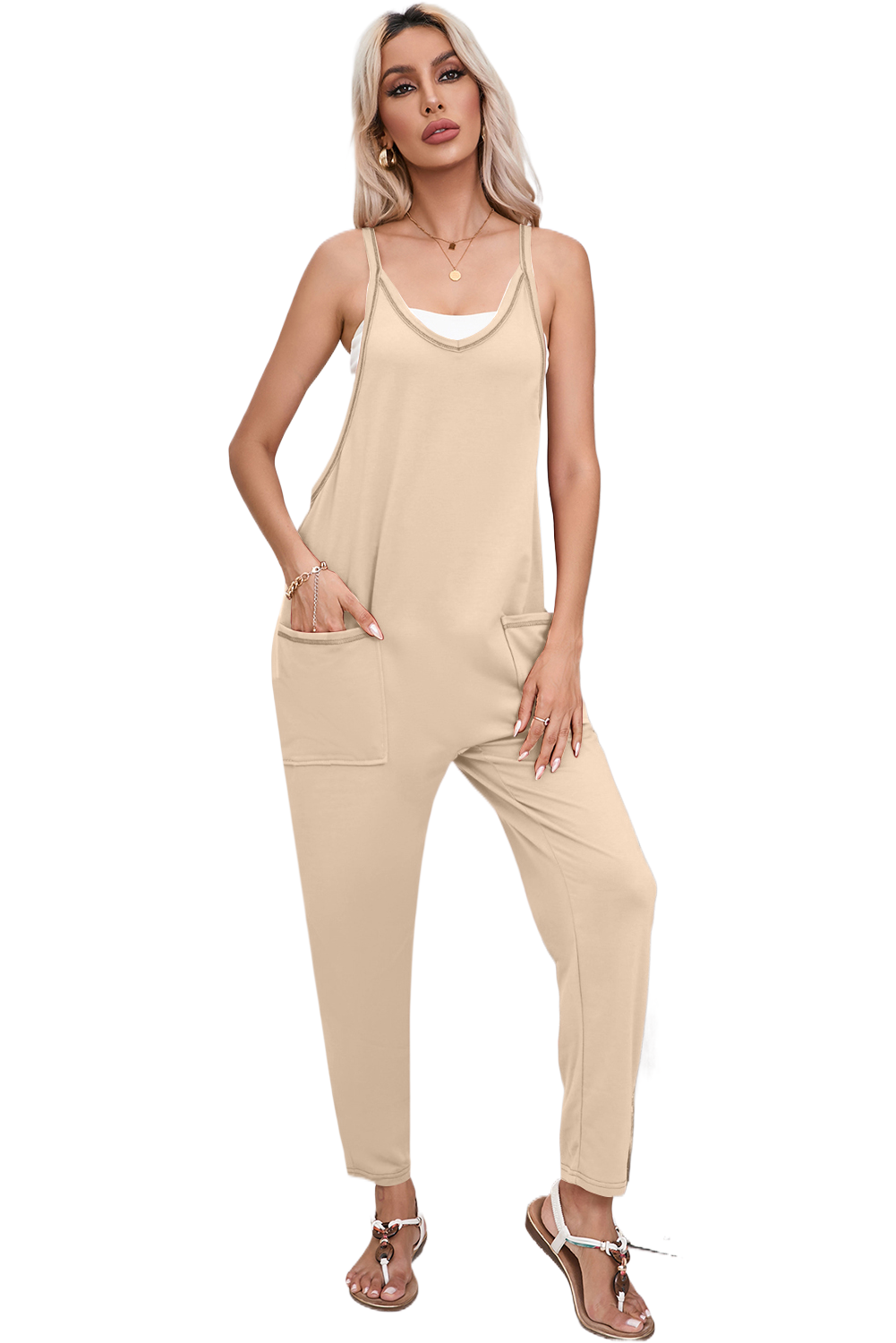 Apricot Side Pockets Harem Pants Sleeveless V Neck Jumpsuit Pre Order Bottoms JT's Designer Fashion