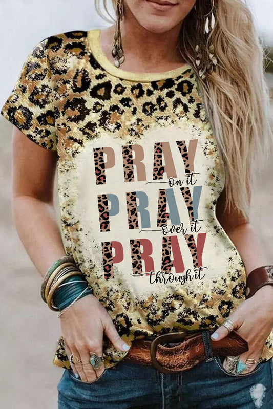 Leopard PRAY Print Bleached Leopard T-shirt Leopard 95%Polyester+5%Elastane Graphic Tees JT's Designer Fashion