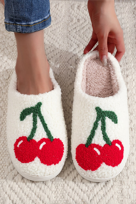 White Cute Fruit Cherry Pattern Winter Plush Slippers Slippers JT's Designer Fashion