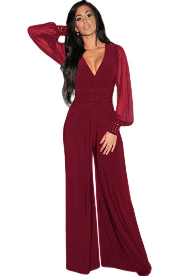 Wine Embellished Cuffs Long Mesh Sleeves Jumpsuit as shown 95%Polyester+5%Spandex Jumpsuits & Rompers JT's Designer Fashion