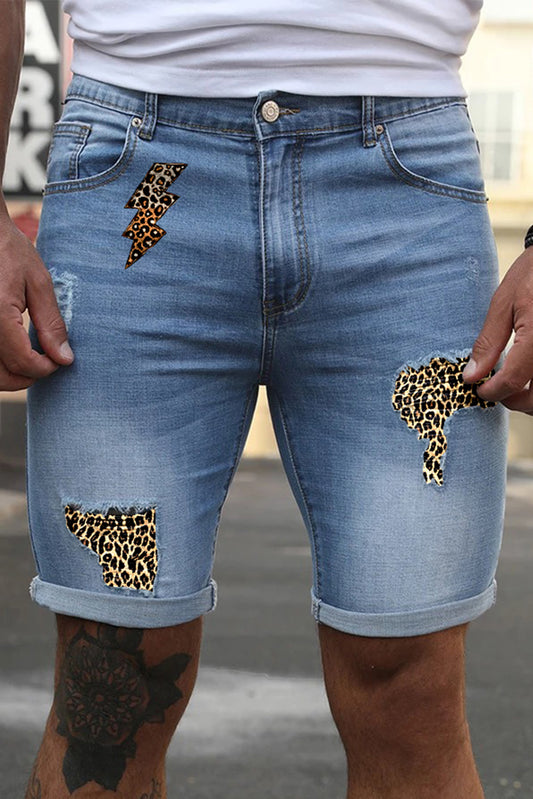 Sky Blue Leopard Lightning Patchwork Skinny Fit Men's Jeans Sky Blue 70%Cotton 29%Polyester 1%Elastane Men's Pants JT's Designer Fashion