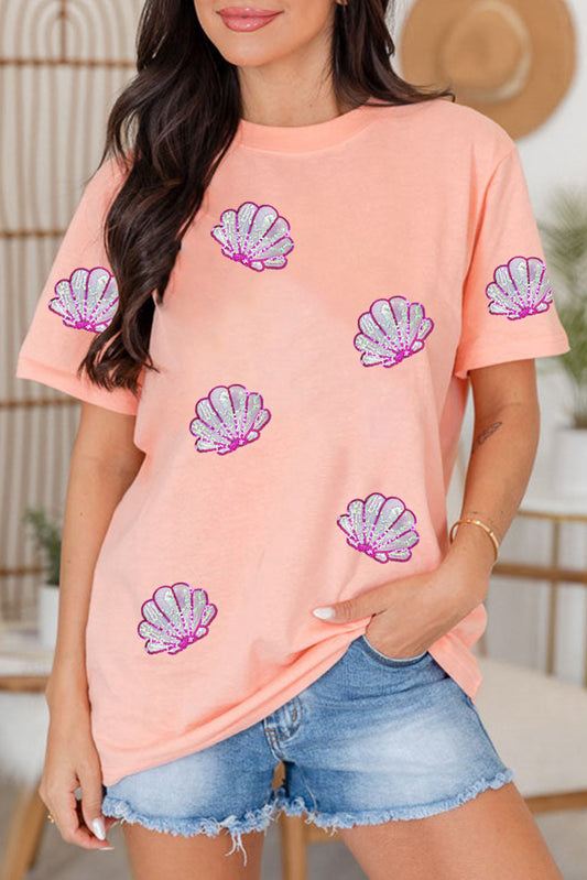 Pink Sequin Shell Graphic Round Neck T Shirt Graphic Tees JT's Designer Fashion