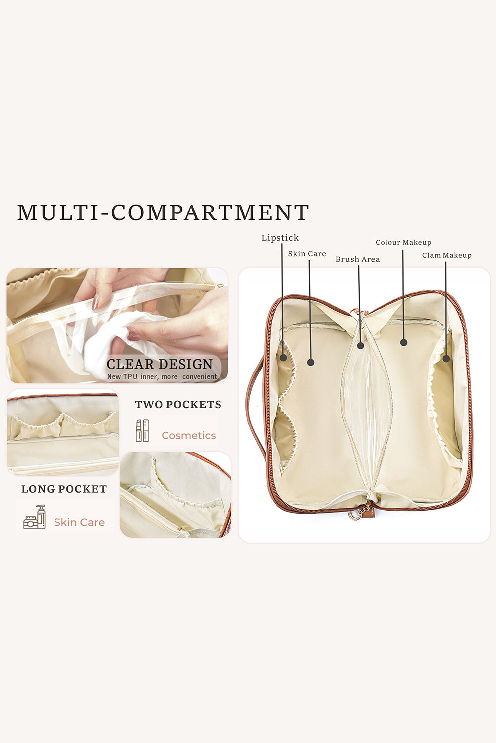 Light French Beige Boho Geometric Print Makeup Bag with Handle Makeup Bags JT's Designer Fashion