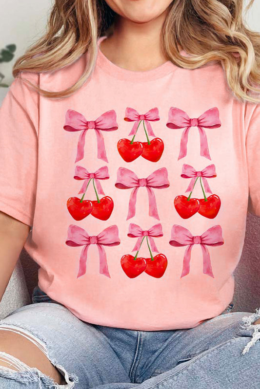 Pink Bow Cherry Print Crew Neck Casual T Shirt Graphic Tees JT's Designer Fashion