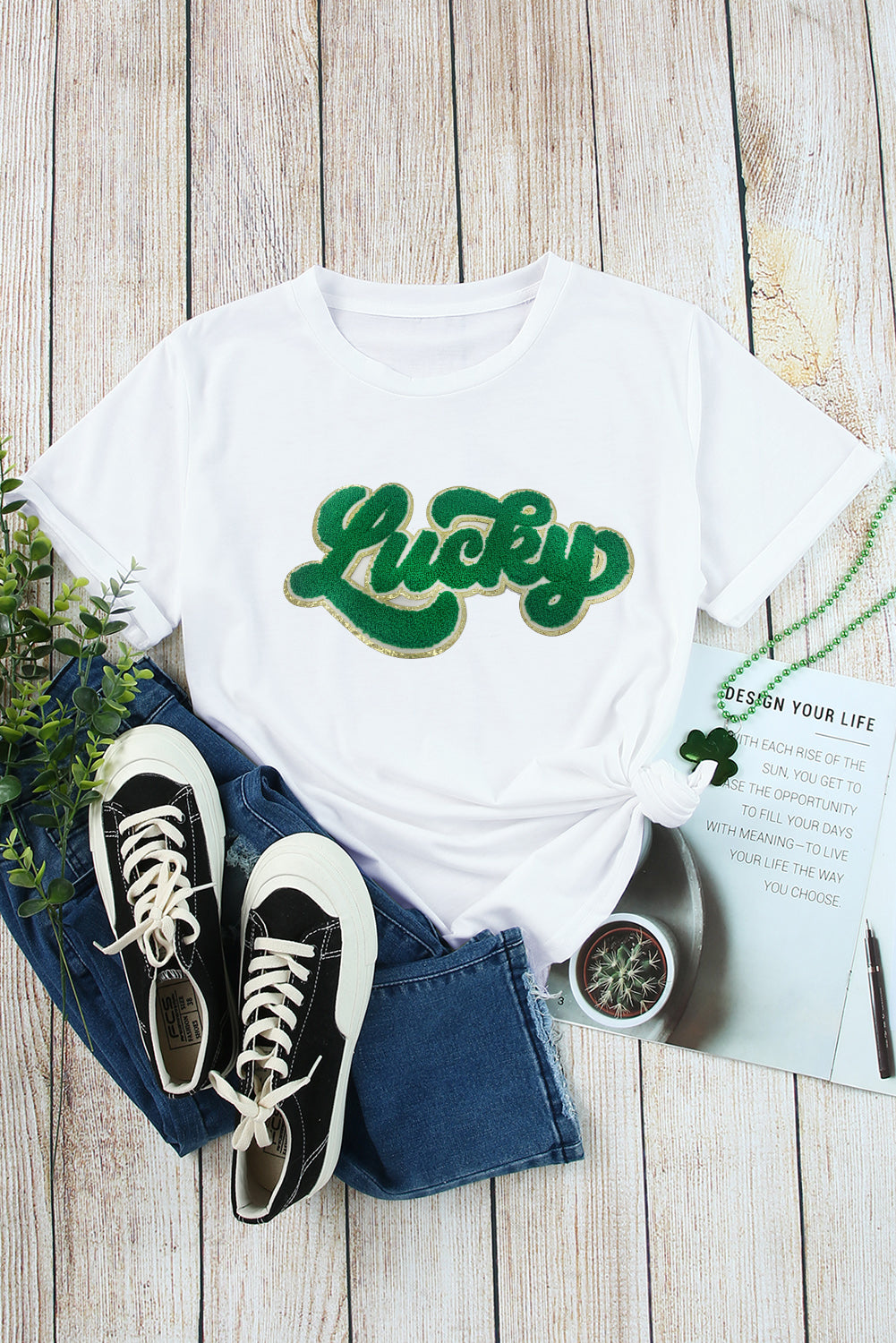 White St. Patrick Lucky Chenille Glitter Patched Graphic T Shirt Graphic Tees JT's Designer Fashion