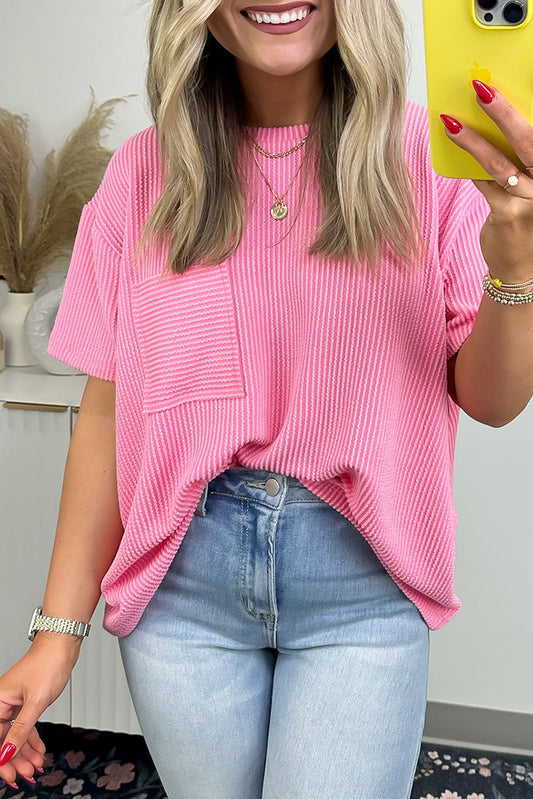 Pink Ribbed Knit Pocketed Loose Fit Crew Neck T Shirt