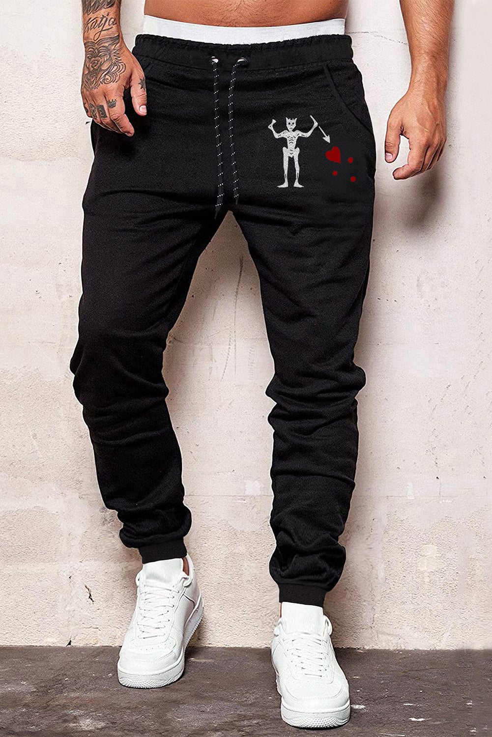Black Heart Figure Print Drawstring Waist Men's Sweatpants Black 65%Polyester+35%Cotton Men's Pants JT's Designer Fashion