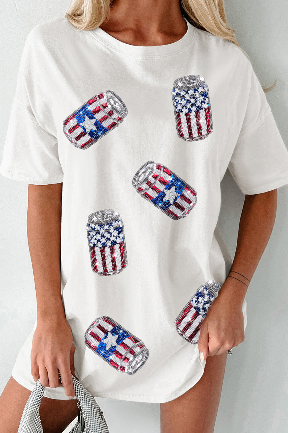 White Sequin American Flag Can Oversized Graphic Tee Graphic Tees JT's Designer Fashion