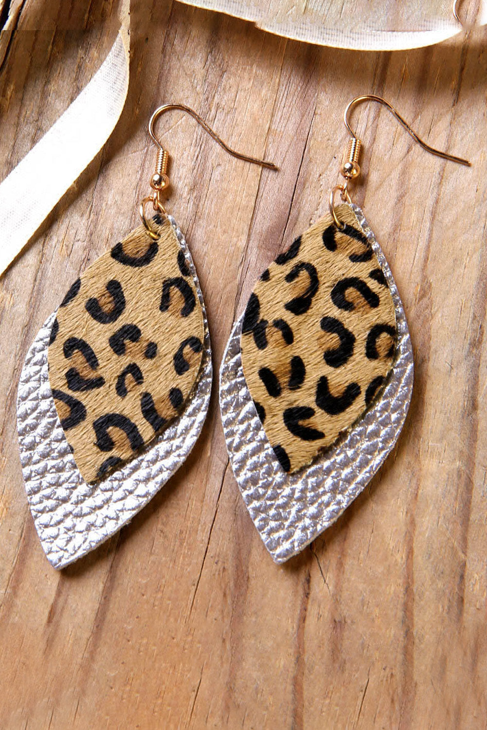 Leopard Print Double-layered Silver PU Leather Earrings Jewelry JT's Designer Fashion