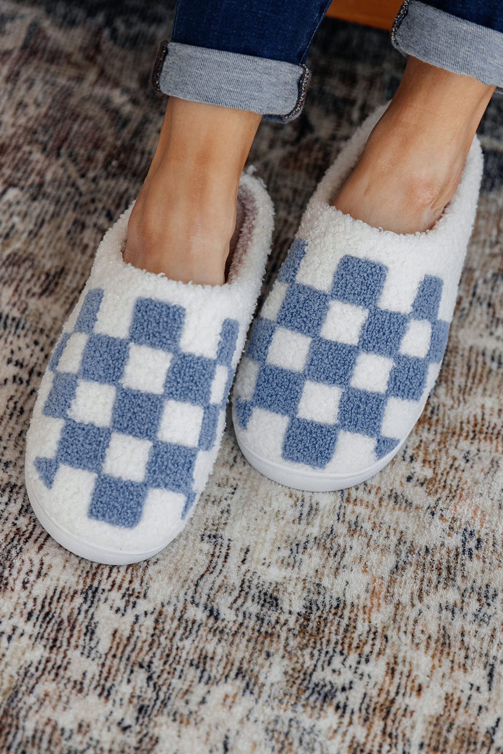 Light Blue Checkered Print Fuzzy Slip On Winter Slippers Slippers JT's Designer Fashion