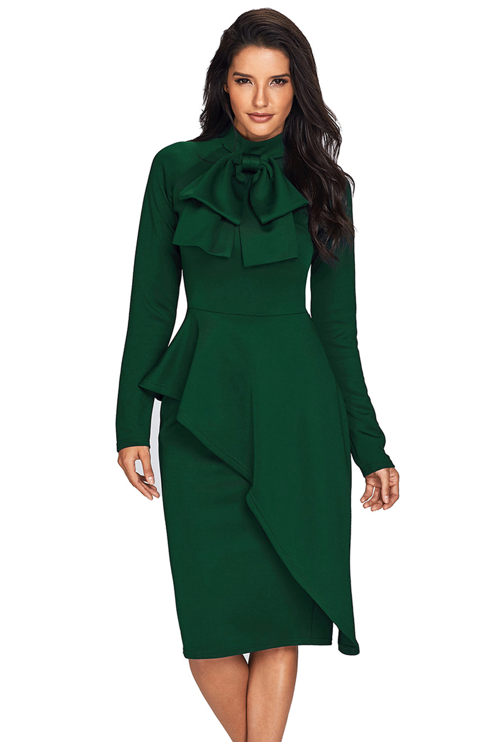 Jade Green Asymmetric Peplum Style Pussy Bow Dress Midi Dresses JT's Designer Fashion