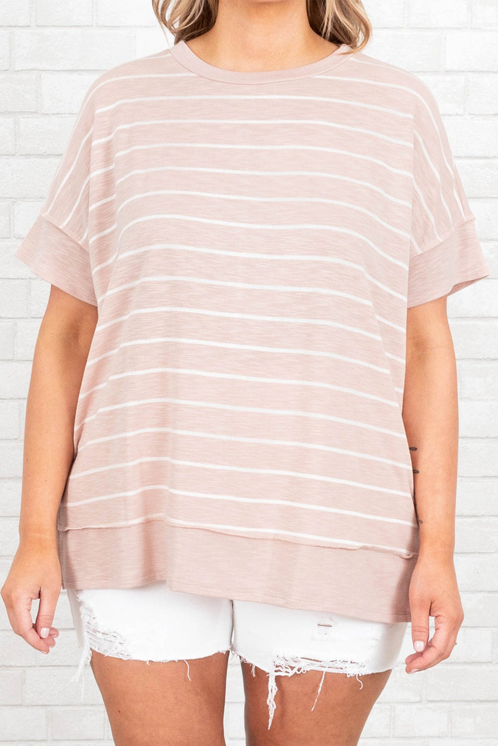 Pink Stripe Side Split Round Neck Plus Size T Shirt Pre Order Plus Size JT's Designer Fashion
