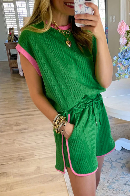 Green Contrast Trim Cable Textured Shorts Set Pre Order Bottoms JT's Designer Fashion