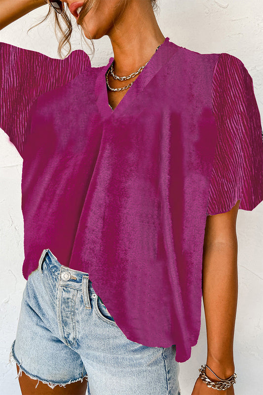 Bright Pink Pleated Bubble Short Sleeve V Neck Velvet Top Blouses & Shirts JT's Designer Fashion