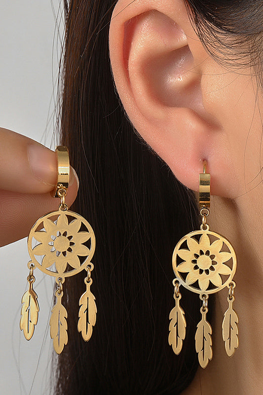 Gold Dream Catcher Feather Fringed Alloy Dangle Earrings Jewelry JT's Designer Fashion